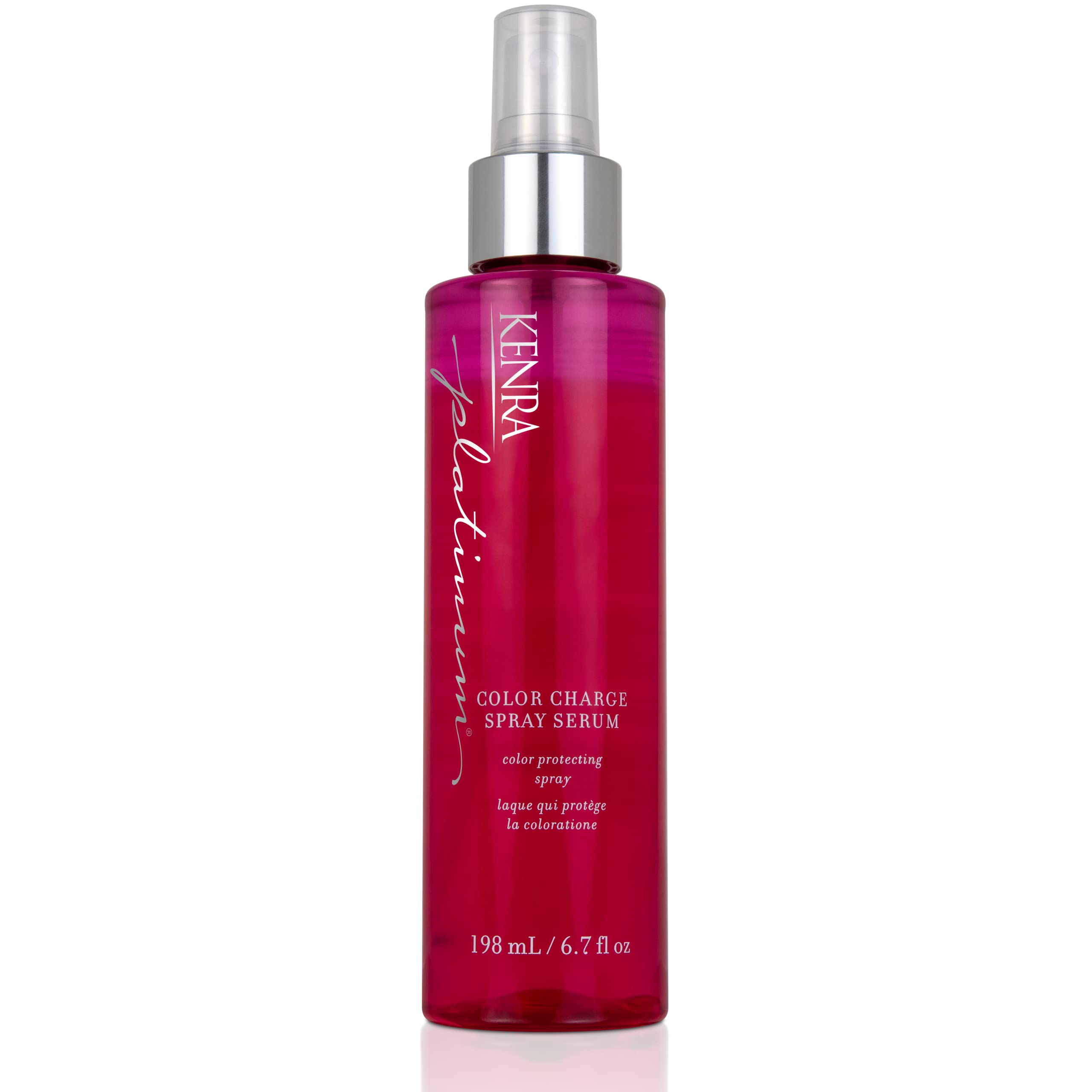 Kenra Platinum Color Charge Spray Serum bottle on vanity for color protection and shine.