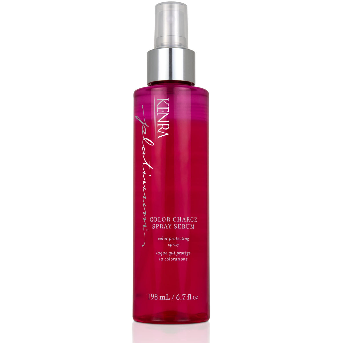 Kenra Platinum Color Charge Spray Serum bottle on vanity for color protection and shine.