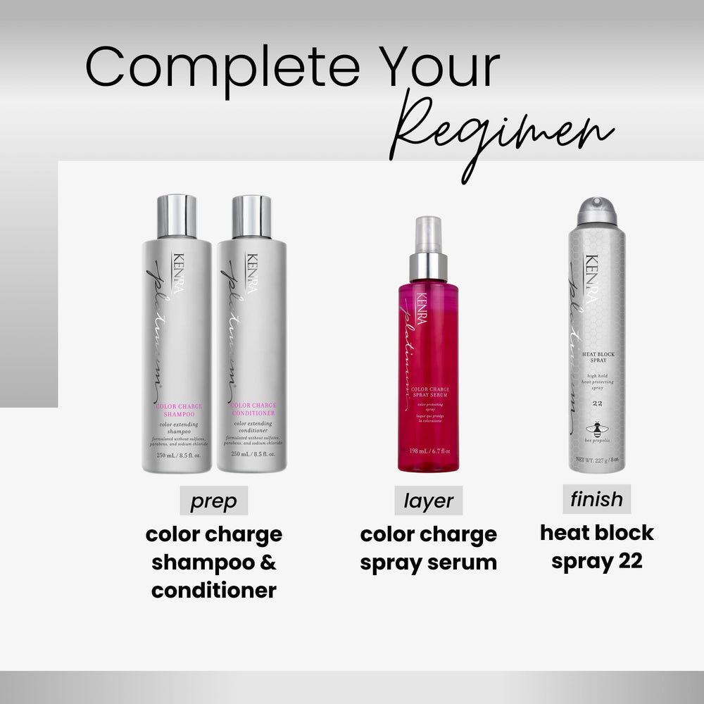Applying Kenra spray to damp hair before heat styling for color retention.