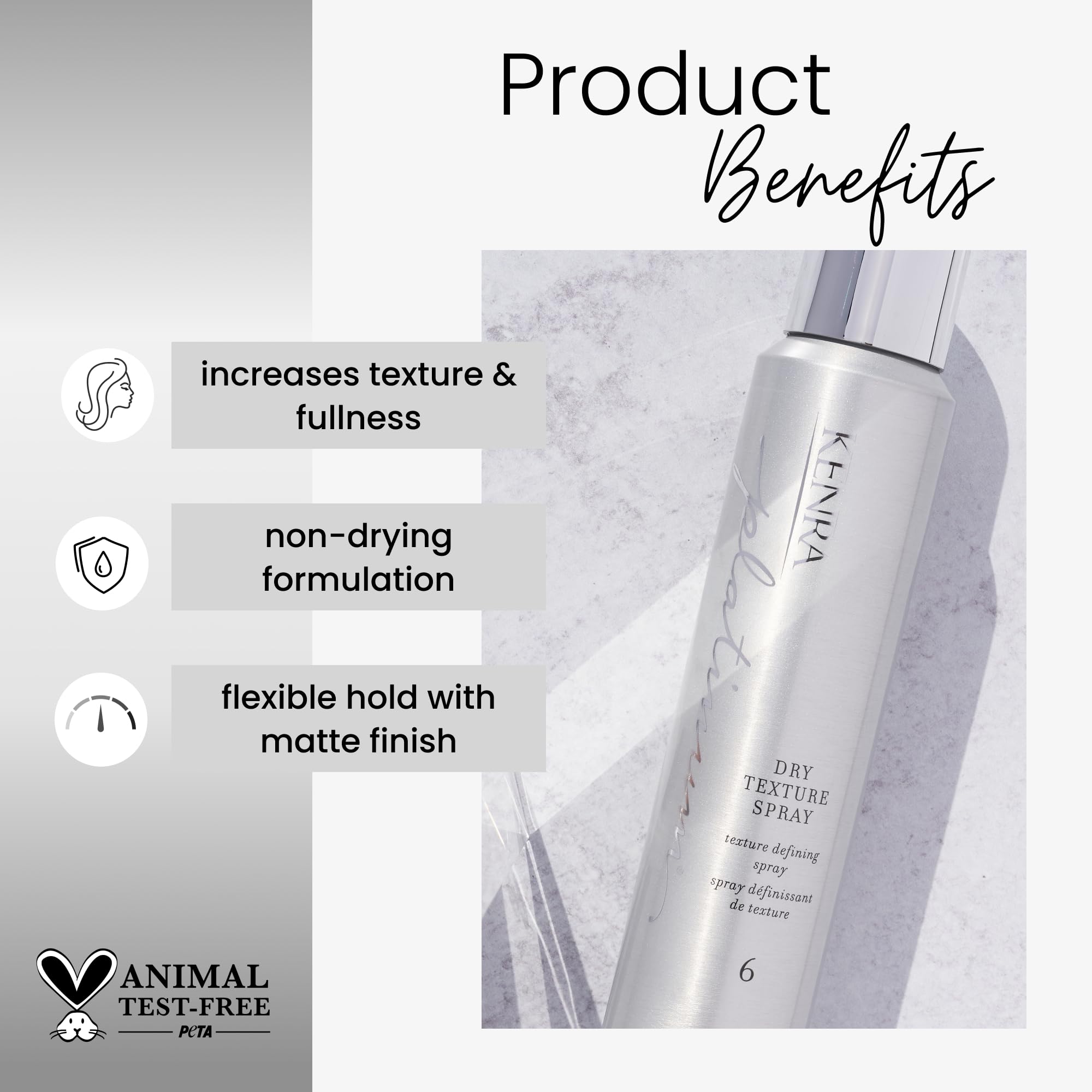 Kenra Platinum Dry Texture Spray applied to hands for even distribution