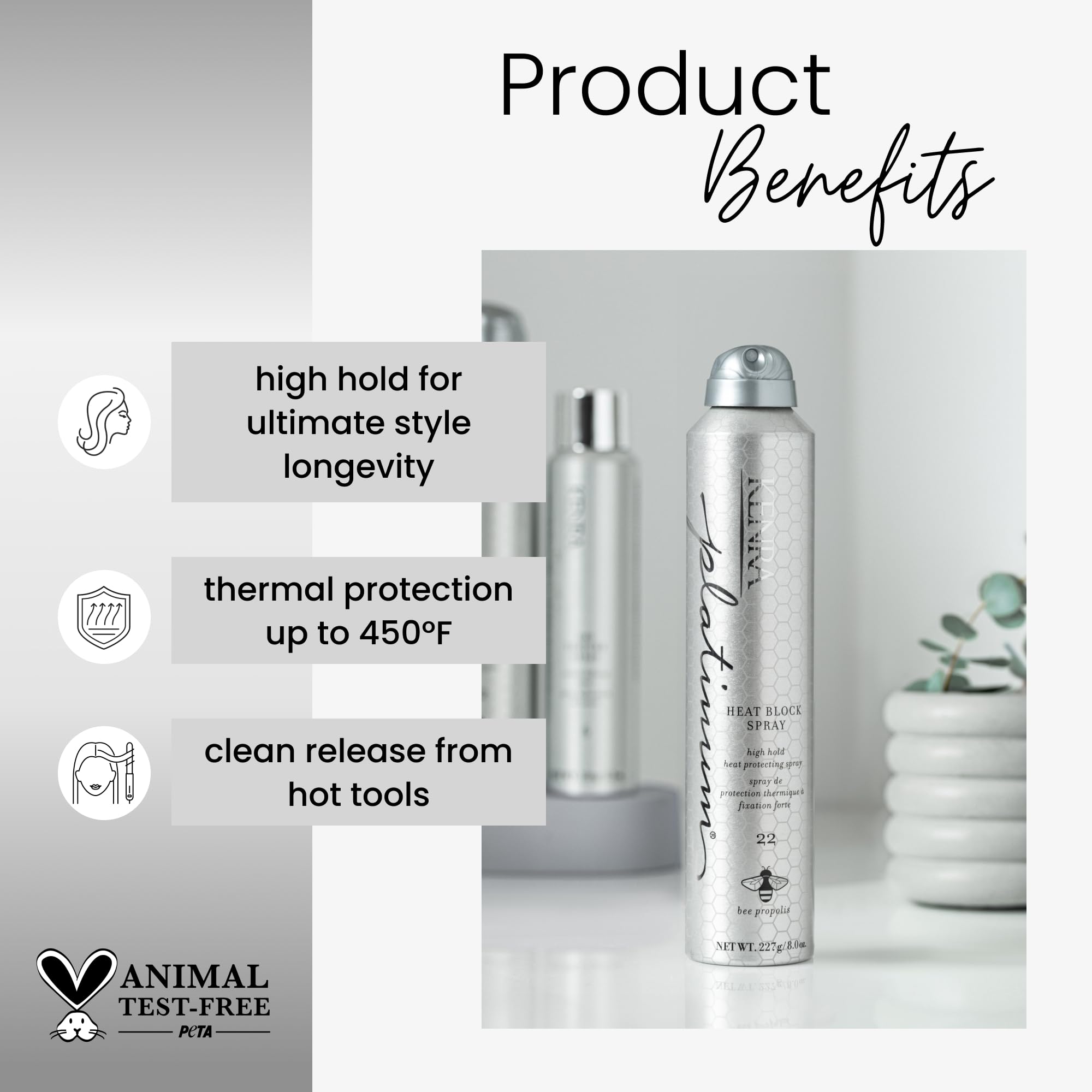 Kenra Platinum Heat Block Spray 22 ultra-fine mist dispensed for clean, even application.