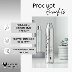 Kenra Platinum Heat Block Spray 22 ultra-fine mist dispensed for clean, even application.