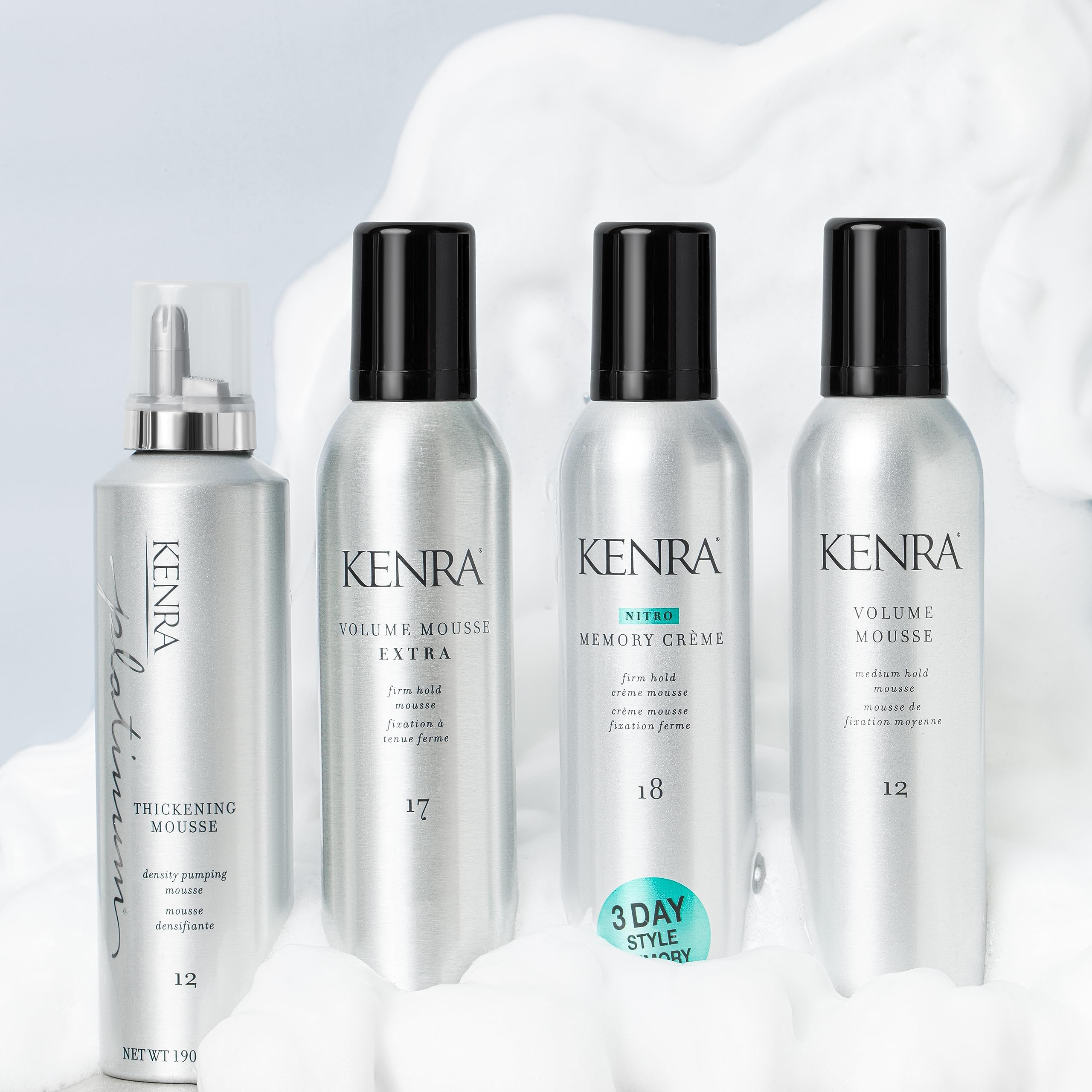 Kenra Platinum Thickening Mousse being applied for flexible hold.