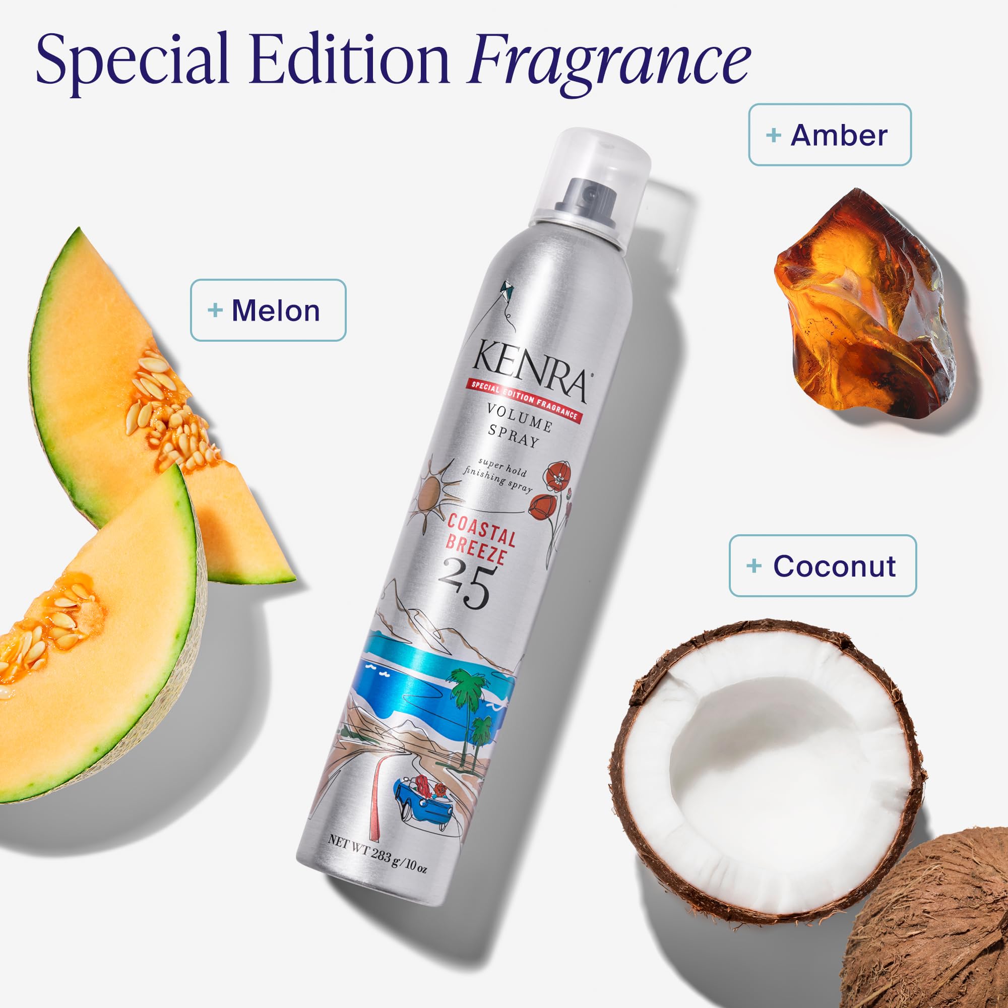 Kenra Volume Spray 25 Coastal Breeze label shows fragrance notes