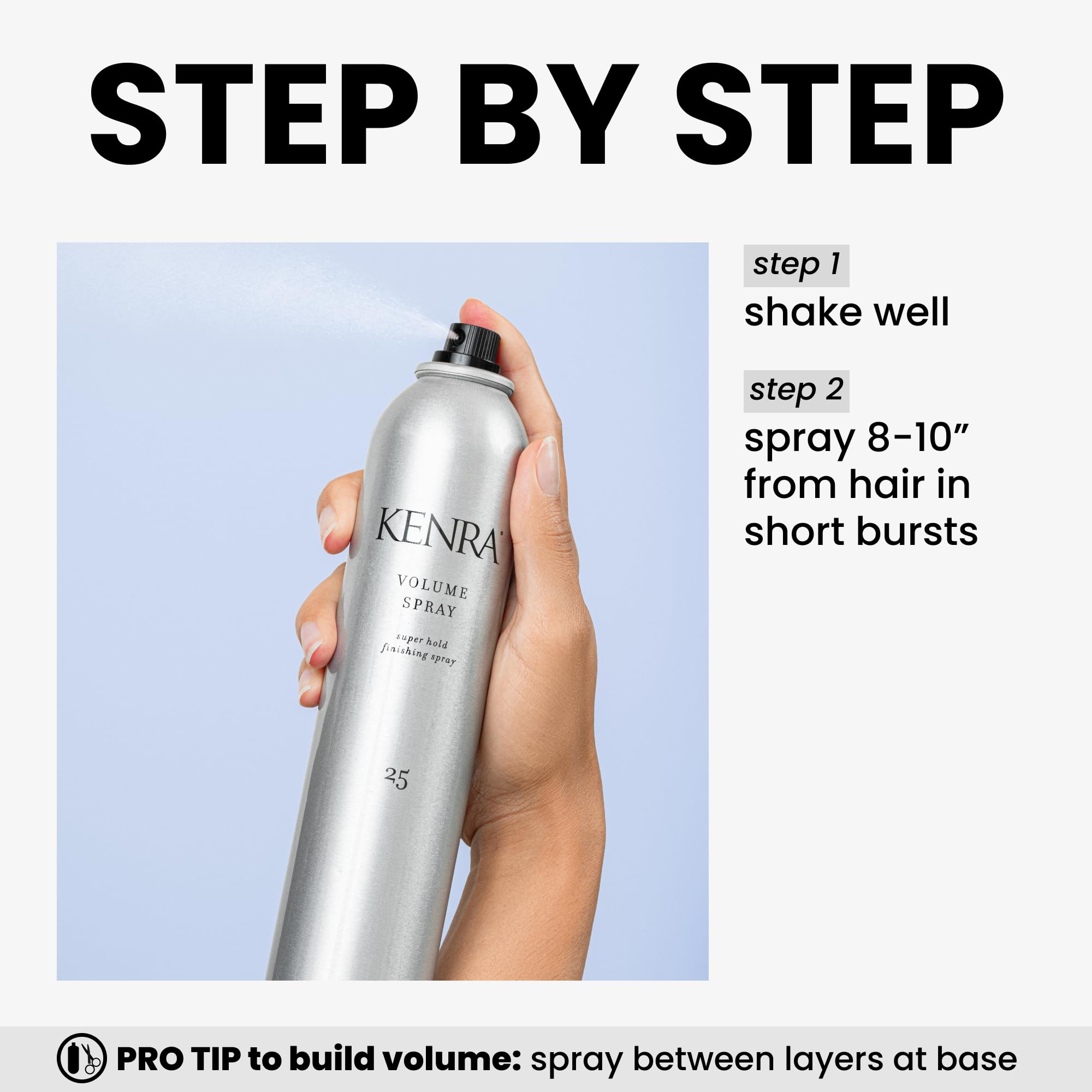 Kenra Volume Spray 25 shine finish close-up; natural-looking, glossy finish
