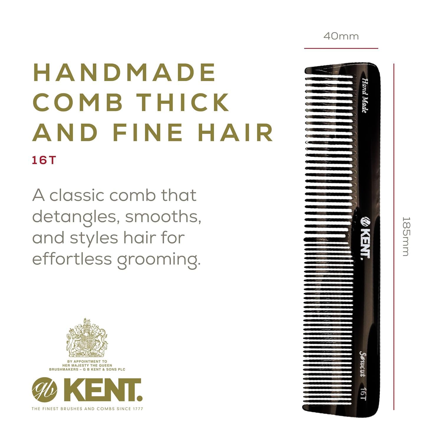 Kent 16T black graphite wide-tooth comb for detangling thick curls