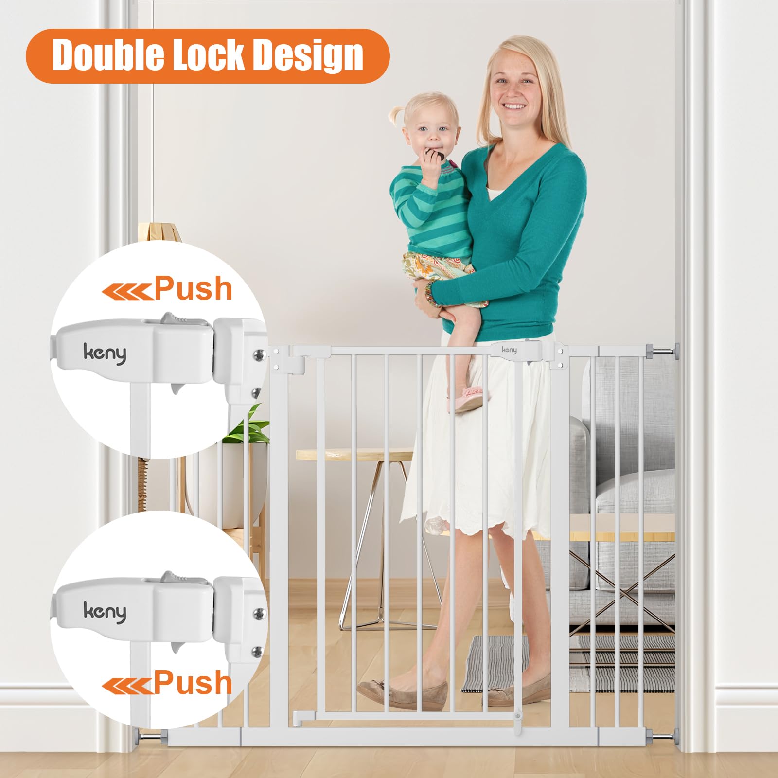Keny baby gate walk-through design allows easy one-handed passage.