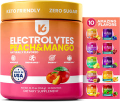 Keppi Electrolytes Peach Mango tub on display, signaling clean hydration.