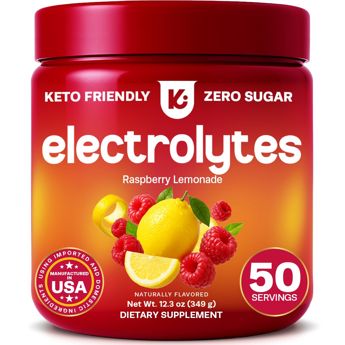 Keppi electrolytes raspberry lemonade tub for quick zero-calorie hydration.