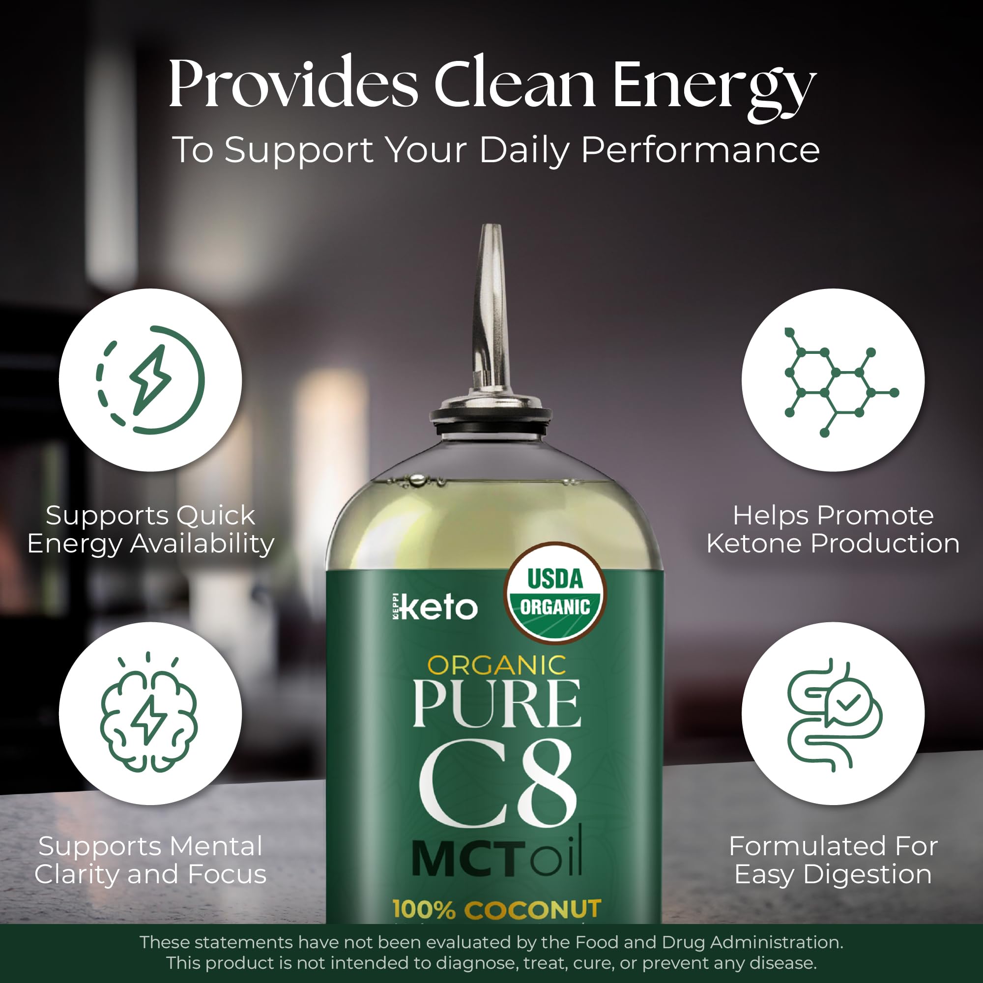 Keppi Organic MCT Oil label highlights non-GMO, vegan, gluten-free certifications.