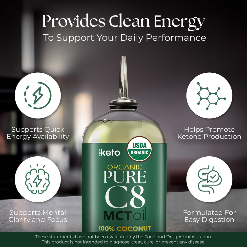 Keppi Organic MCT Oil label highlights non-GMO, vegan, gluten-free certifications.
