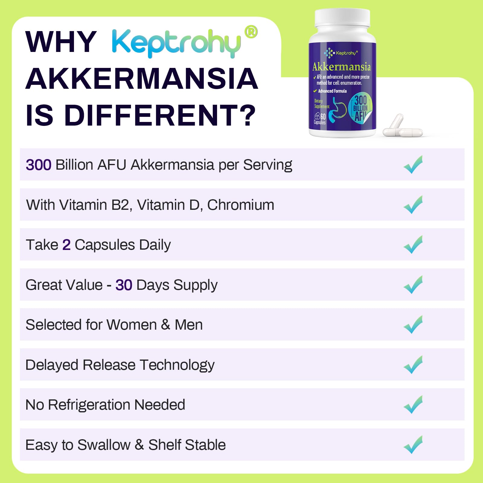Keptrohy Akkermansia capsules on blister pack emphasizing shelf-stable probiotic