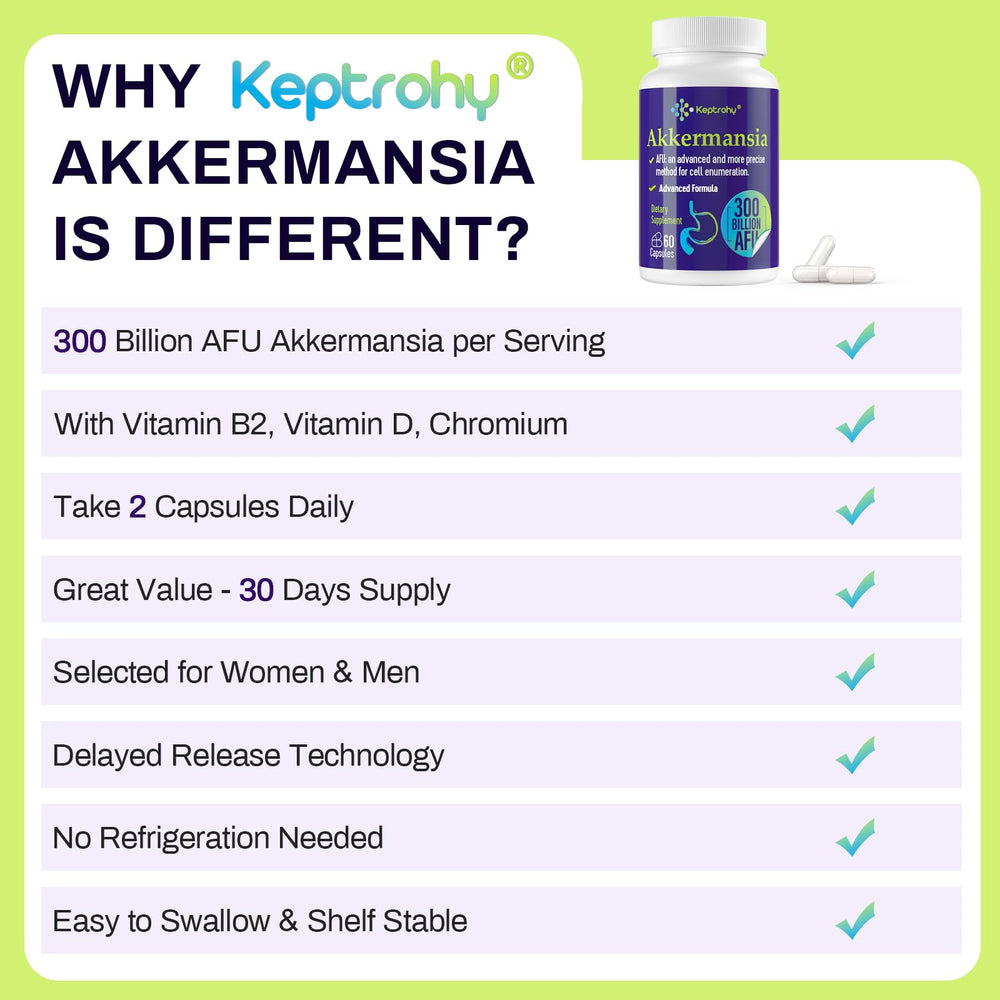 Keptrohy Akkermansia capsules on blister pack emphasizing shelf-stable probiotic
