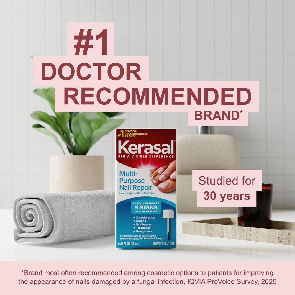 Compact 0-43 oz Kerasal bottle on a bathroom shelf.