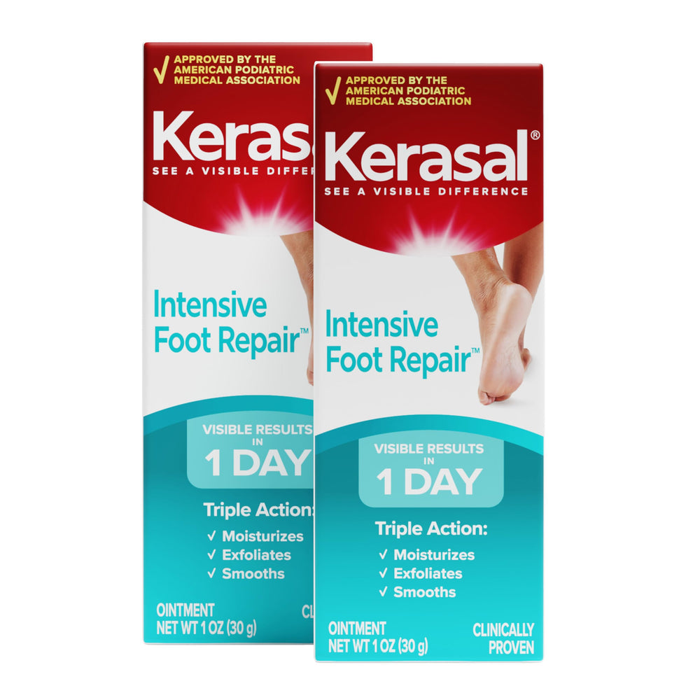 Kerasal Intensive Foot Repair Ointment tube close-up for travel-friendly cracked heel care.