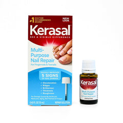 Kerasal Multi-Purpose Nail Repair bottle showing keratolytic and hydrating formula for smoother nails.