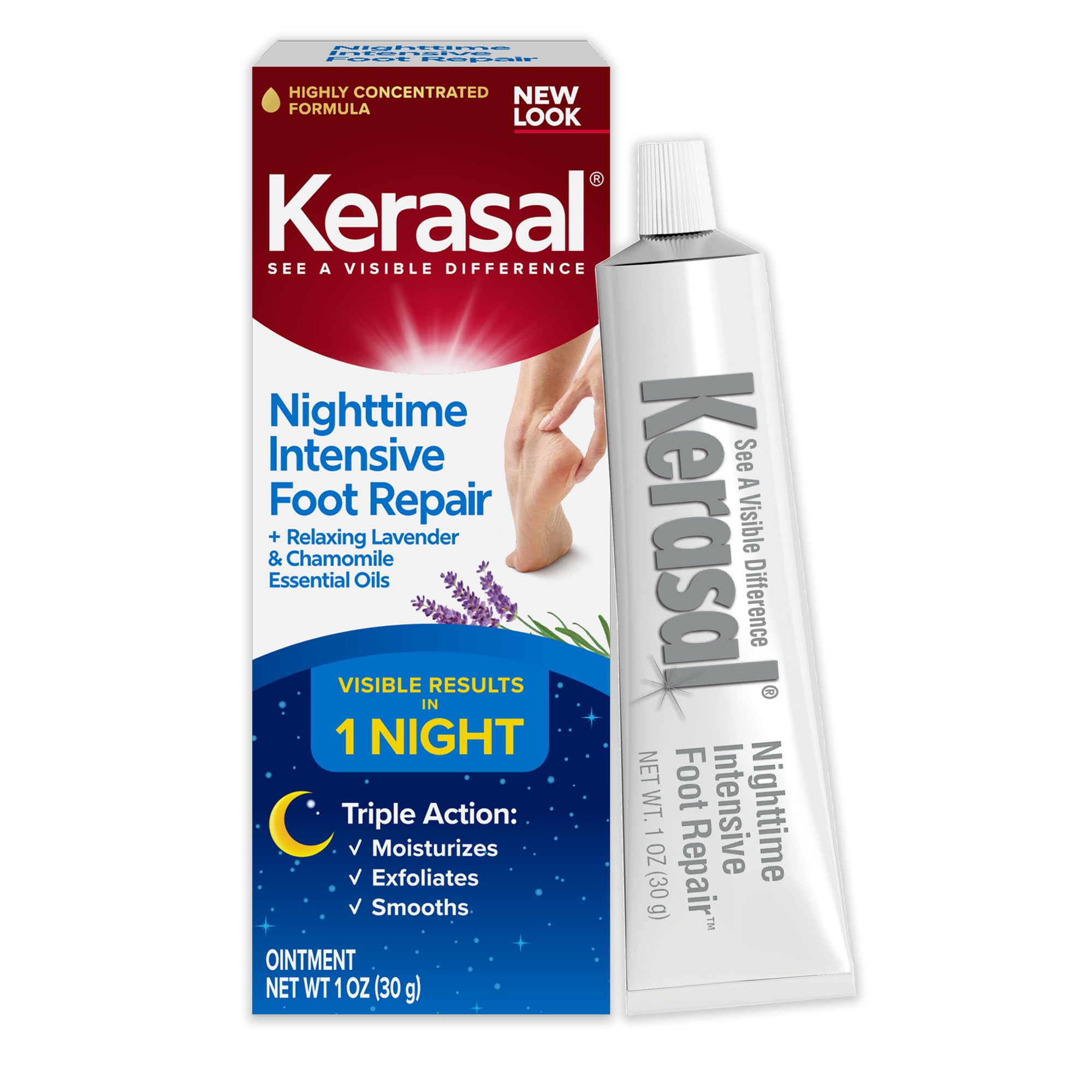 Kerasal Nighttime Intensive Foot Repair ointment tube close-up for overnight heel restoration