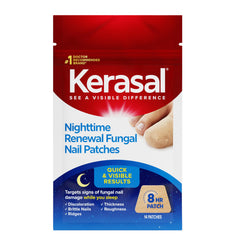 Kerasal Nighttime Renewal patch on nail showing revitalized appearance and reduced discoloration.