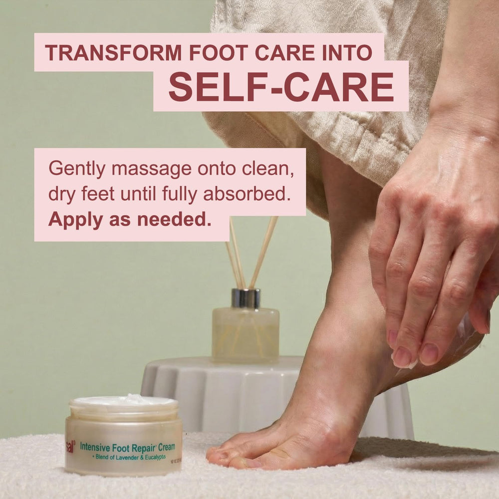 Kerasal user applying cream to feet after shower showing easy absorption.