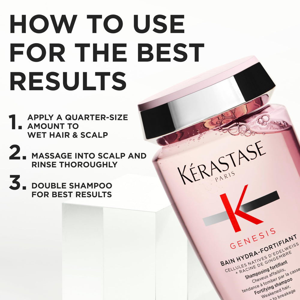 KÉRASTASE Genesis Hydra-Fortifying Shampoo ginger detail emphasizes active ingredients.