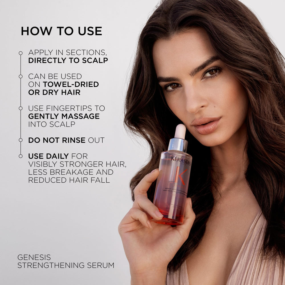 KÉRASTASE Genesis Serum label highlights ginger and caffeine ingredients.