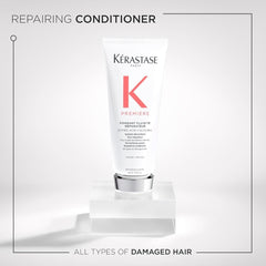 Kerastase Premiere conditioner pump closeup, ready to apply for instant hydration