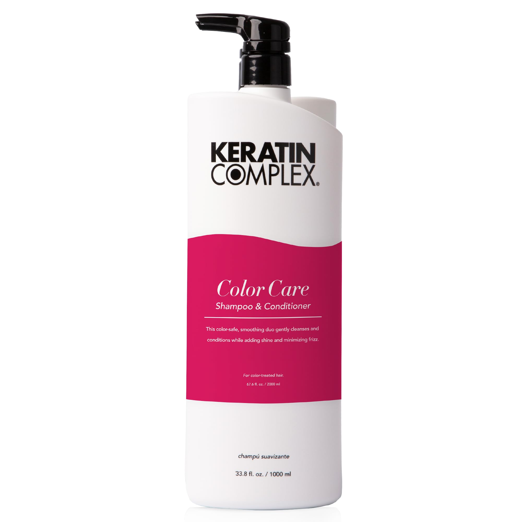 Keratin Complex Color Care bottle beside color swatches demonstrates color preservation