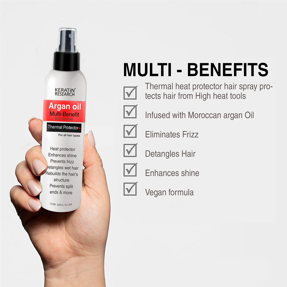 KERATIN RESEARCH Thermal Hair Protector Spray with argan oil infusion boosts shine