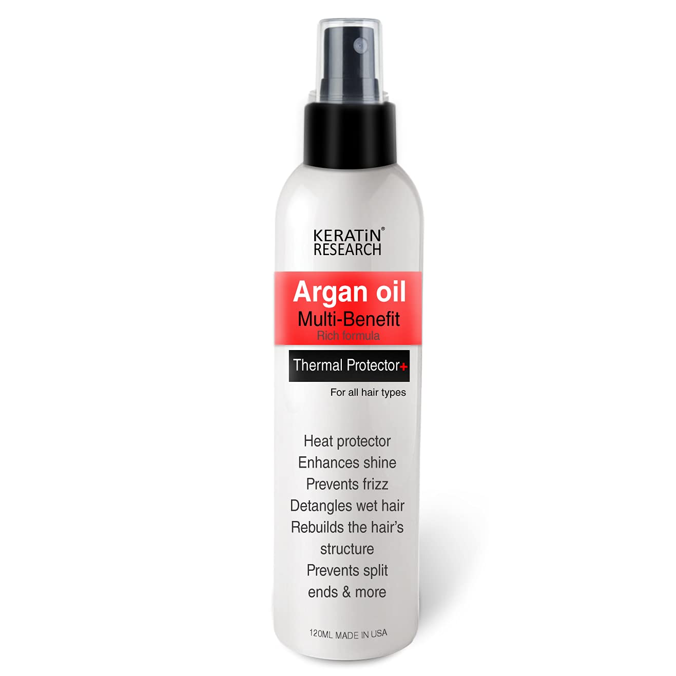 KERATIN RESEARCH Thermal Hair Protector Spray bottle shows protection and shine