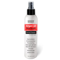 KERATIN RESEARCH Thermal Hair Protector Spray bottle shows protection and shine