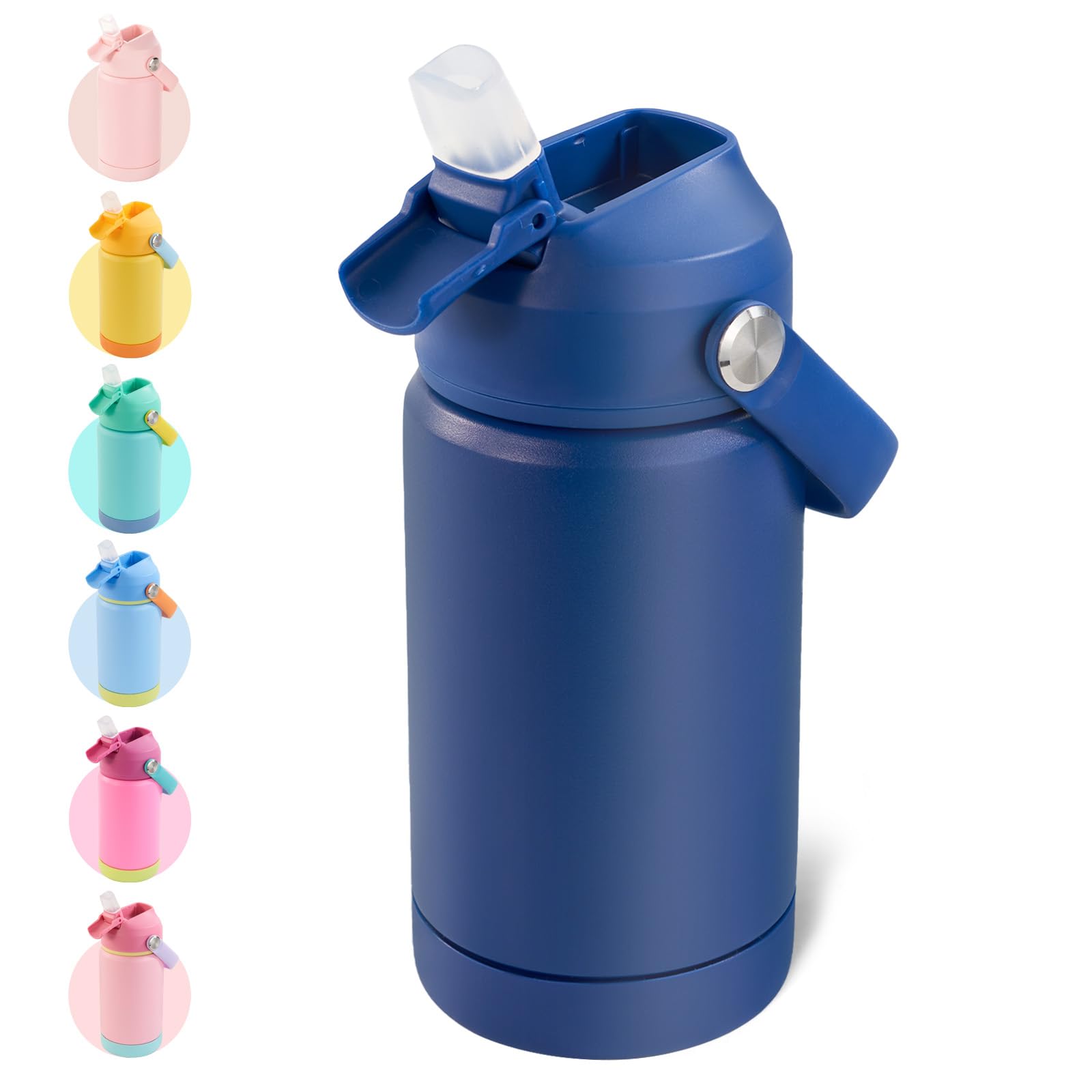Kerilyn 12oz kids bottle front view, durable stainless steel for school or travel.