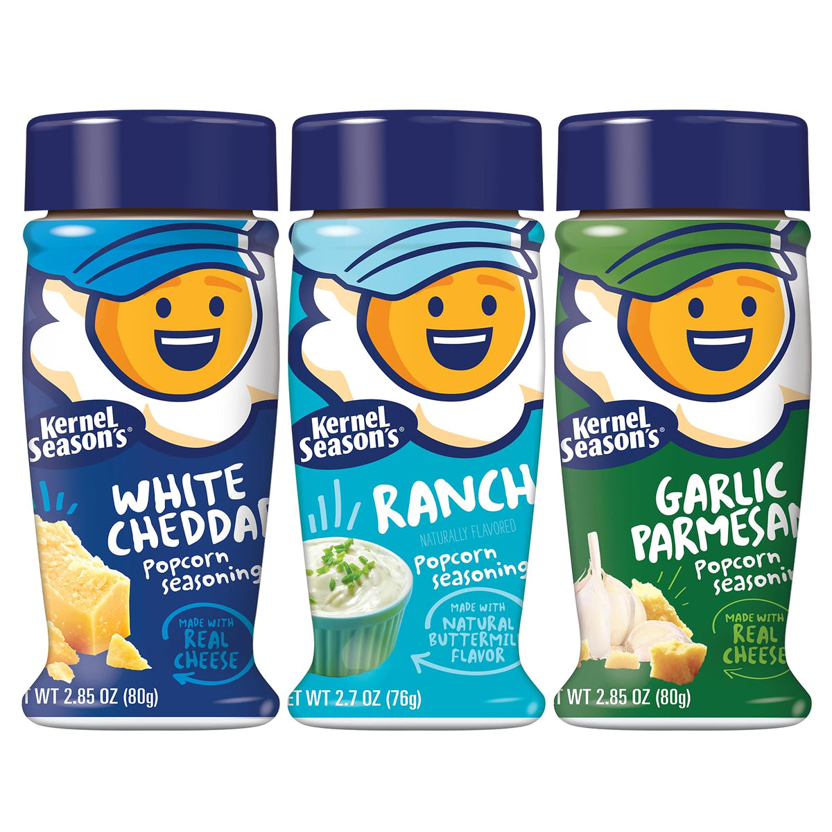 Kernel Season's White Cheddar popcorn seasoning jar for bold snacking.