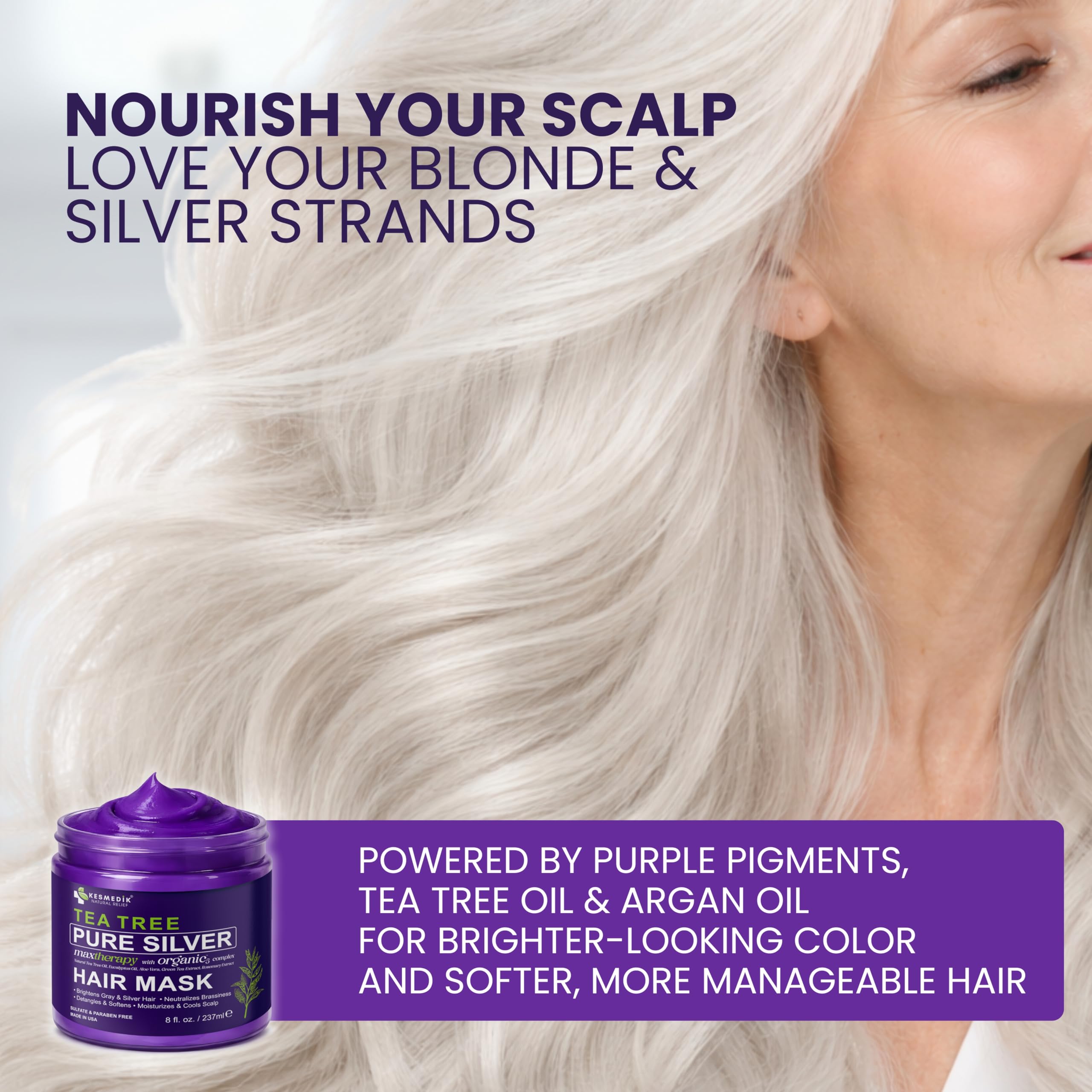 KESMED Argan Oil Purple Hair Mask bottle highlights shine and hydration.