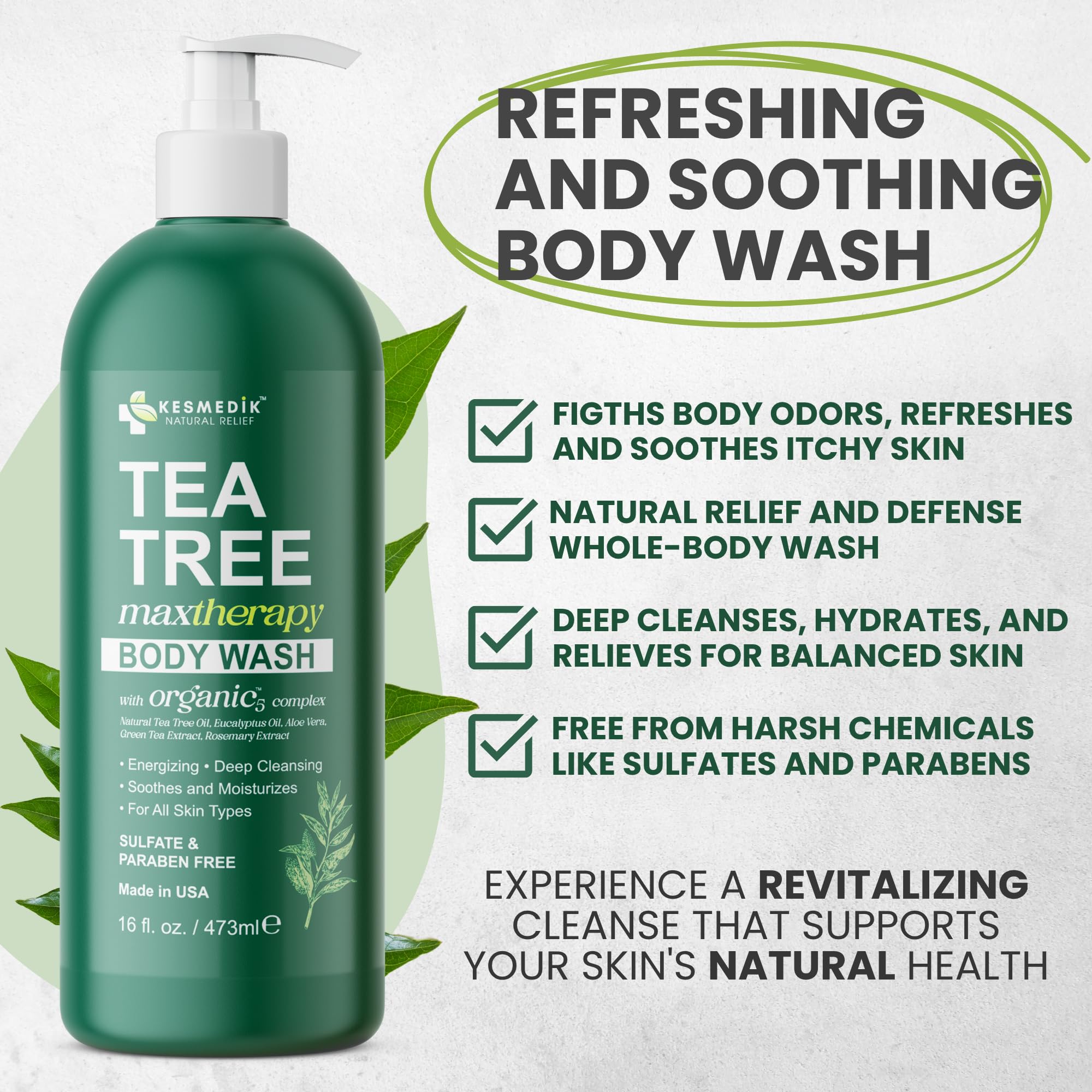 KESMEDIK Tea Tree Body Wash foamy lather demonstrates thorough cleansing.