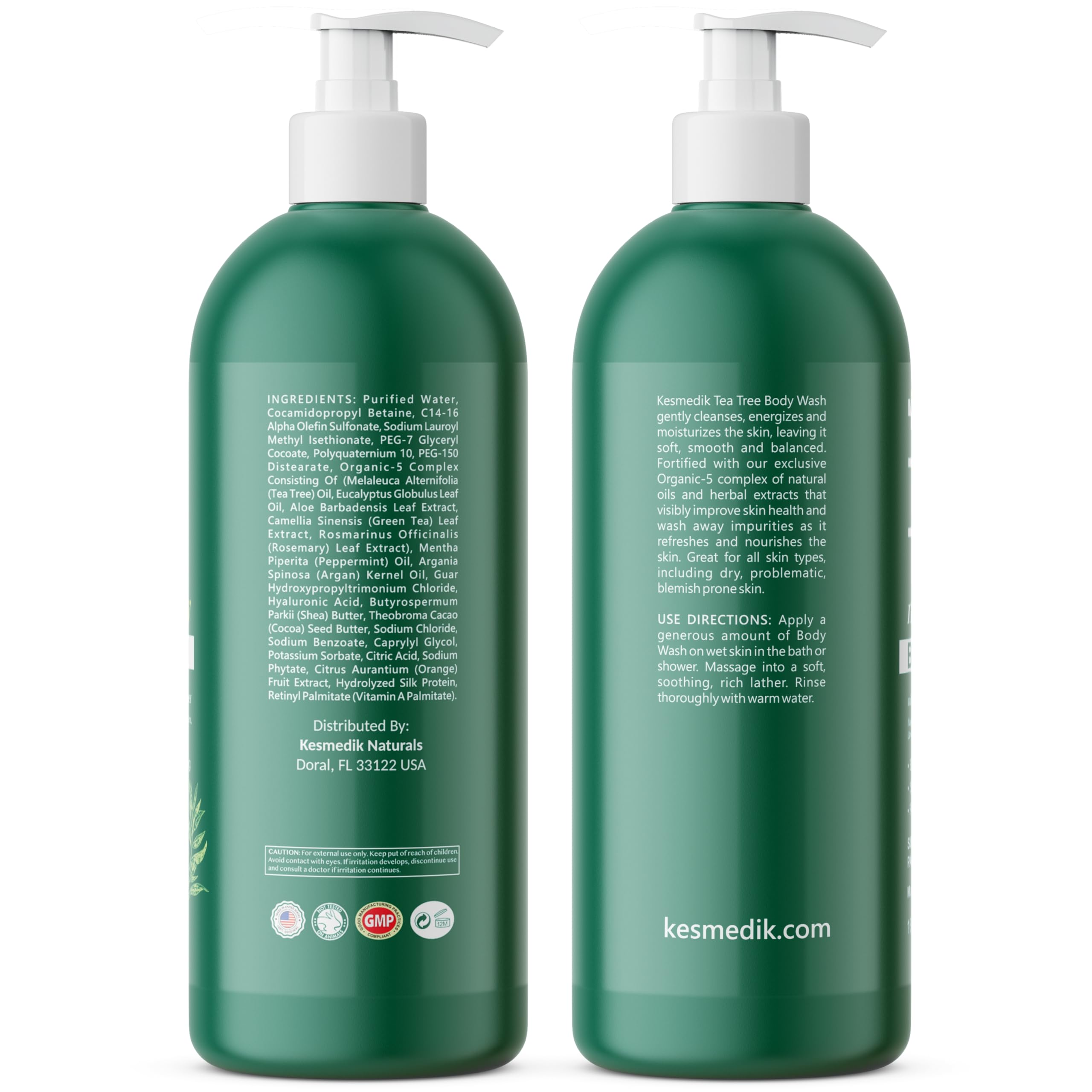 KESMEDIK Tea Tree Body Wash ingredients graphic featuring aloe and eucalyptus benefits.