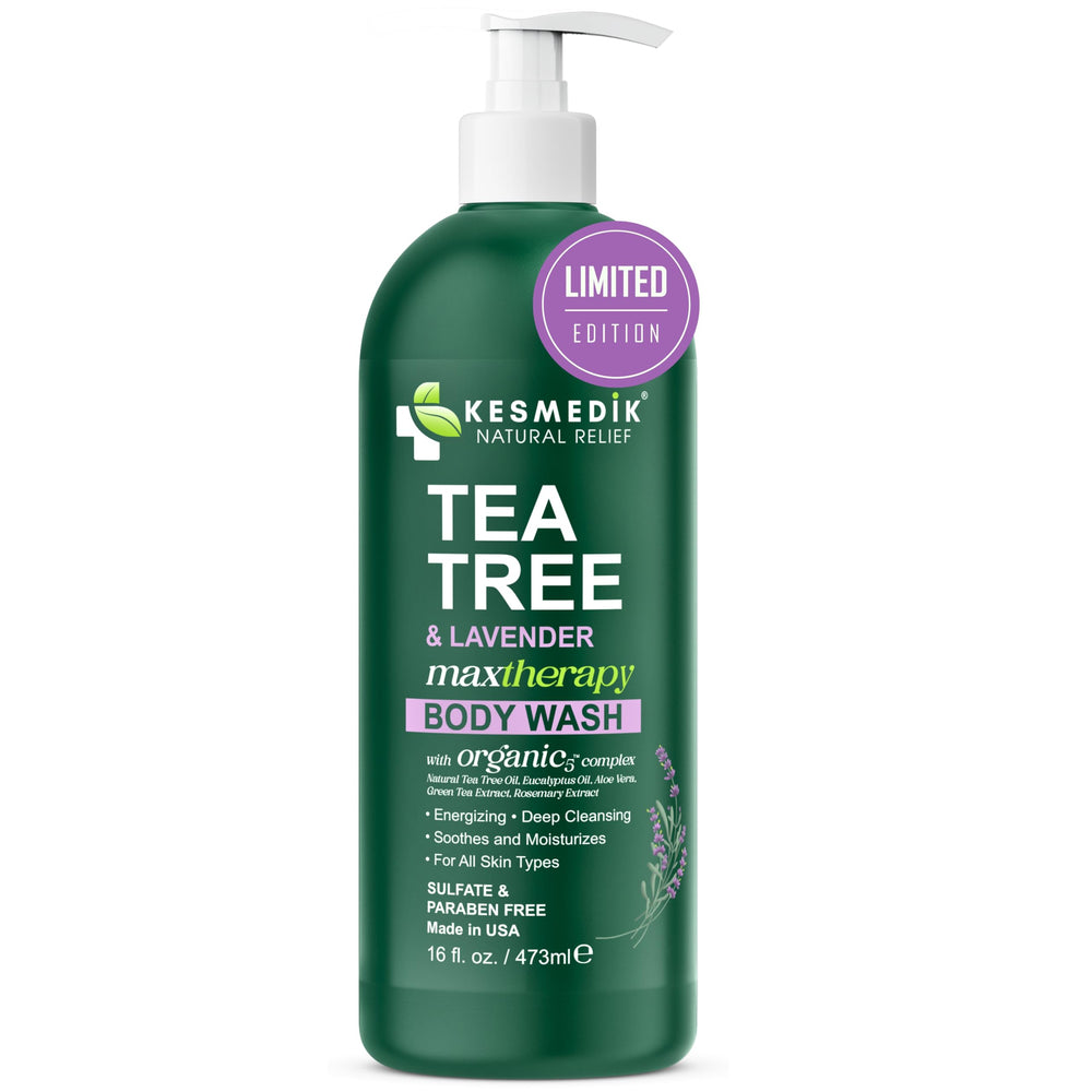 Back label of KESMEDIK Tea Tree Lavender Body Wash with free-from claims