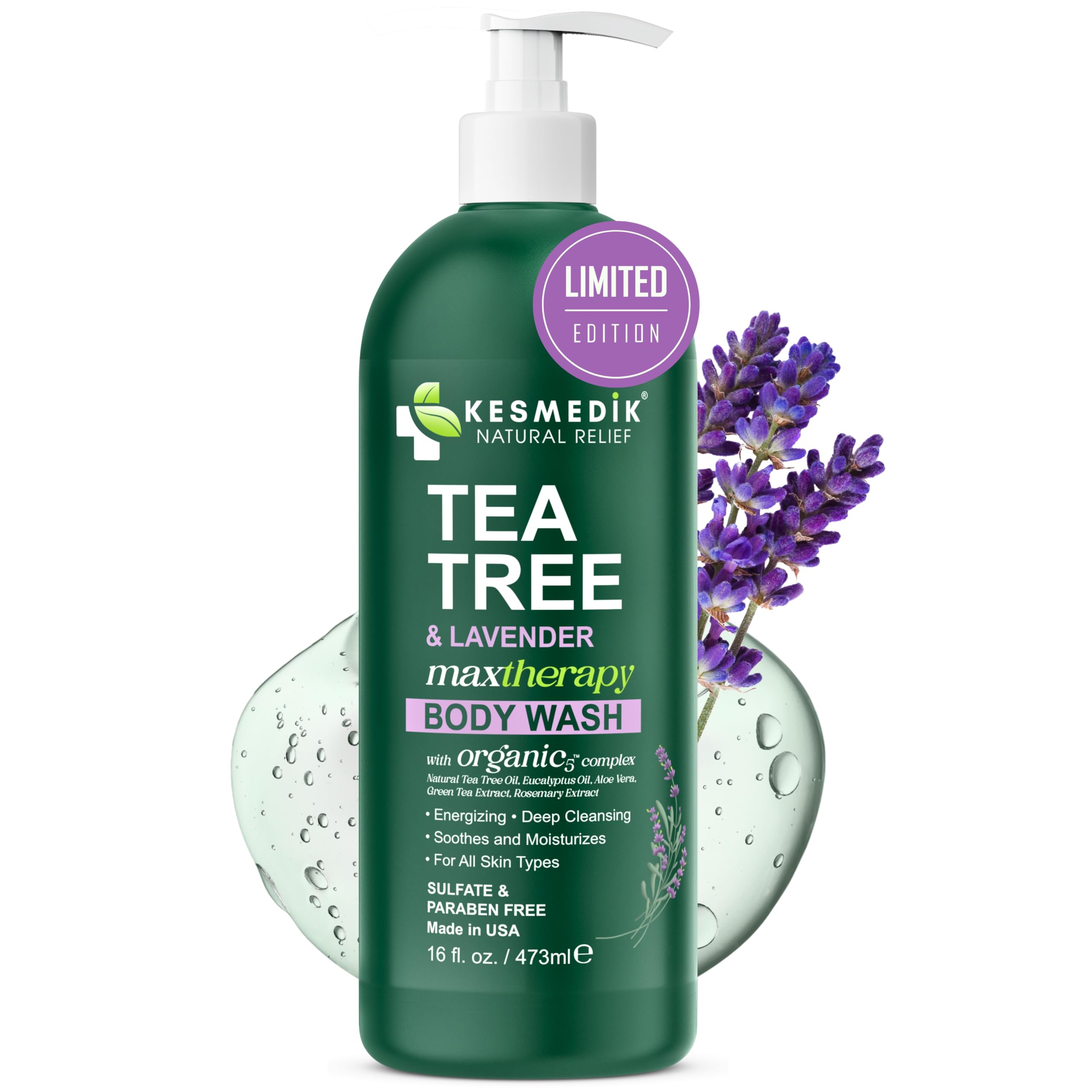 KESMEDIK Tea Tree Lavender Body Wash bottle front showing clean design and fresh scent