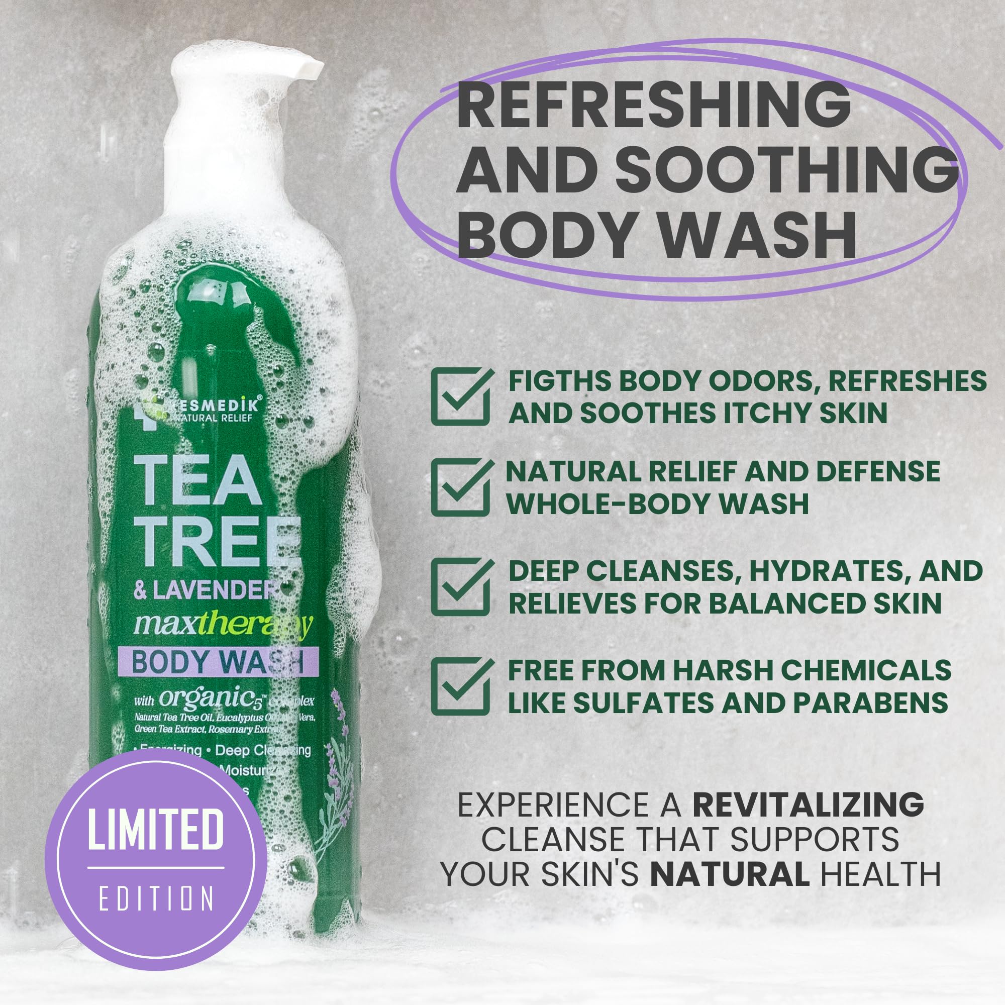 KESMEDIK Tea Tree Lavender Body Wash being poured for a smooth lather