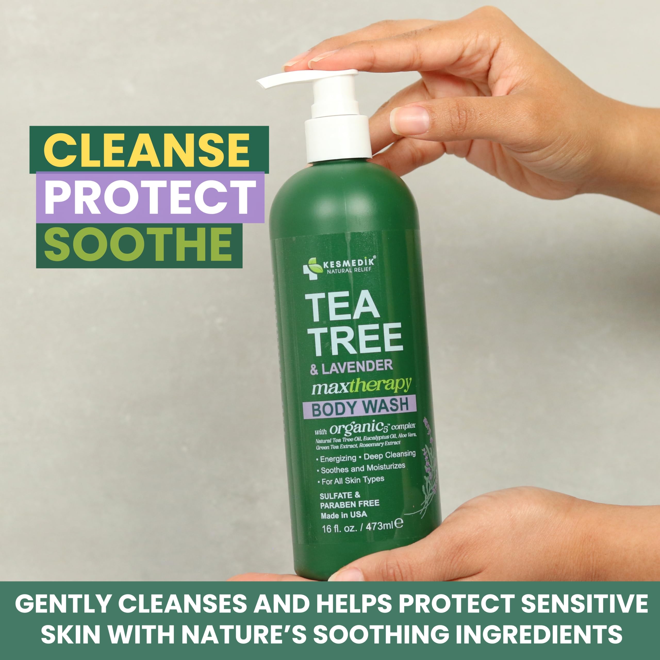 Green tea extract note in KESMEDIK Tea Tree Lavender Body Wash for refreshment