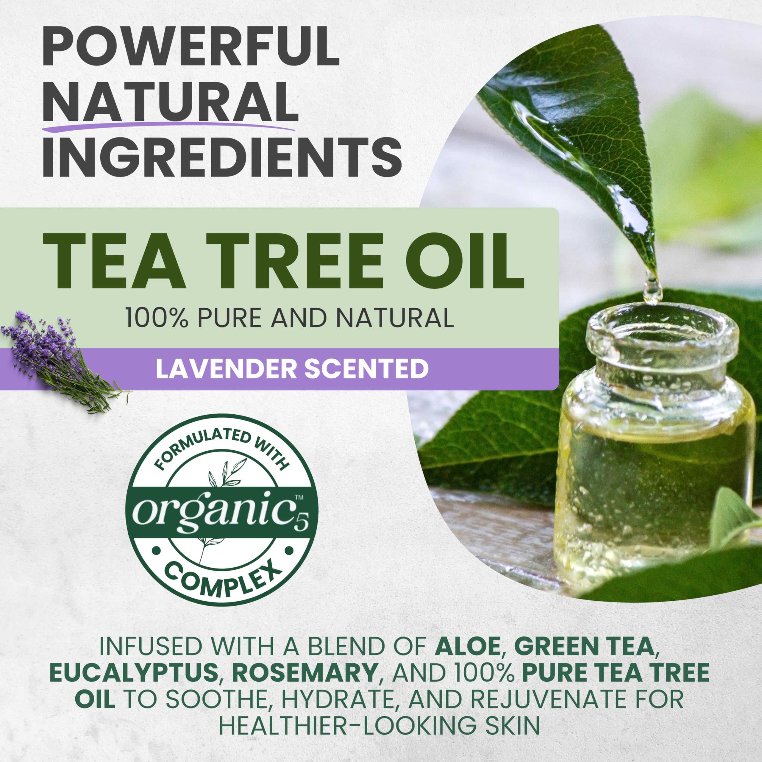 Ingredients highlight of KESMEDIK Tea Tree Lavender Body Wash featuring aloe vera and oils