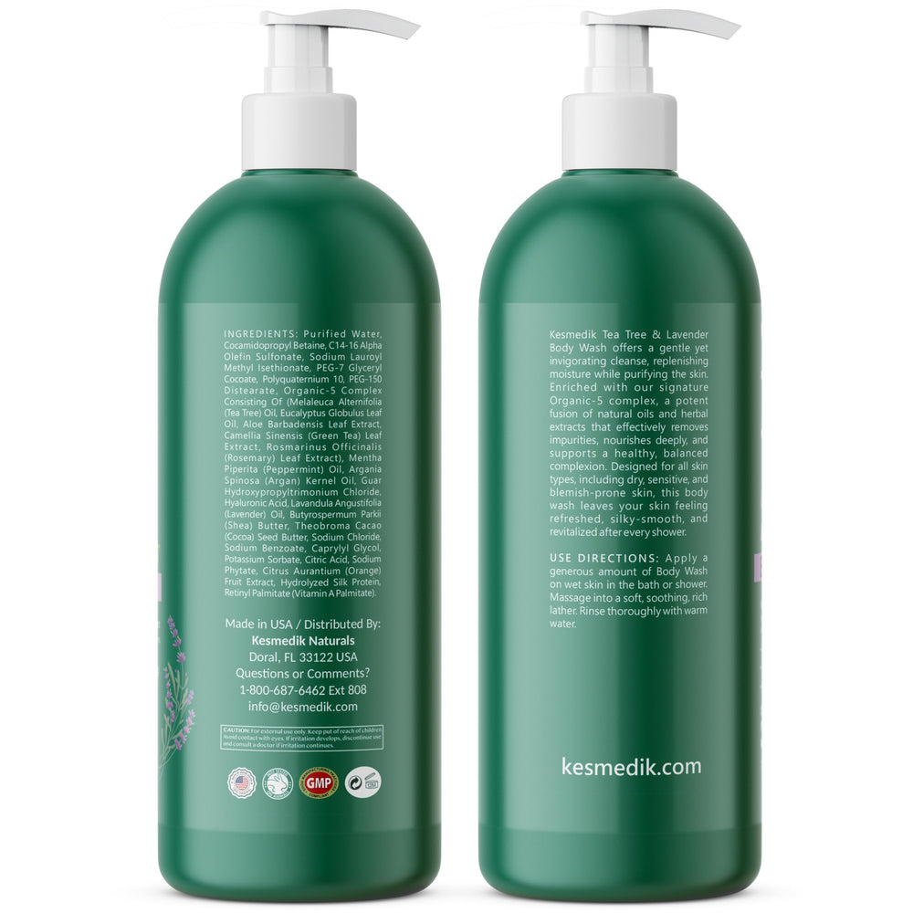 Shower scene with KESMEDIK Tea Tree Lavender Body Wash in use