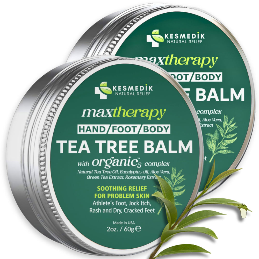KESMEDIK Tea Tree Oil Balm bottle close-up, soothing irritated skin.