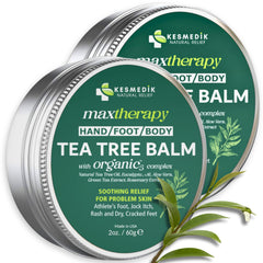 KESMEDIK Tea Tree Oil Balm bottle close-up, soothing irritated skin.