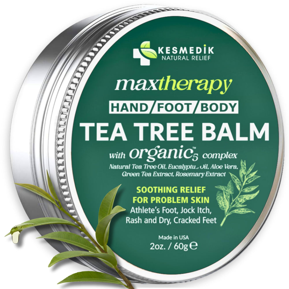 KESMEDIK Tea Tree Oil Balm bottle provides soothing skin relief.