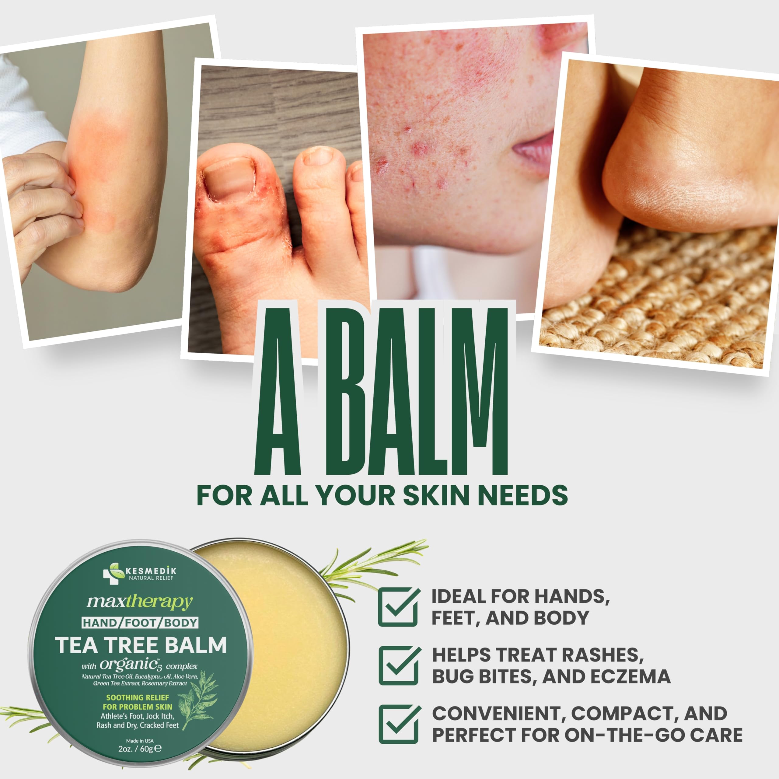 Key ingredients illustration emphasizes tea tree oil, aloe, and beeswax.