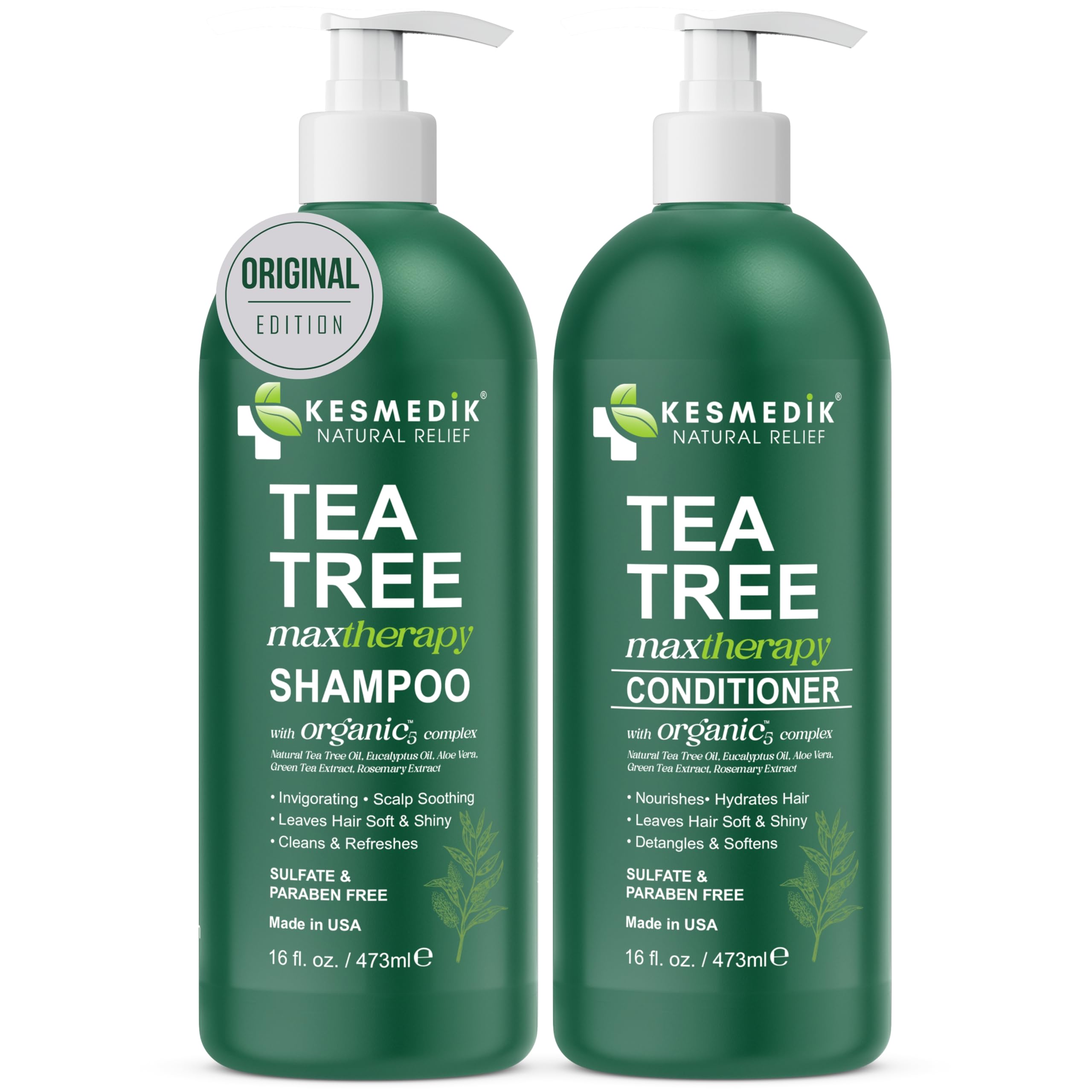 KESMEDIK Tea Tree Oil MaxTherapy duo on display, sulfate-free and color-safe formula.