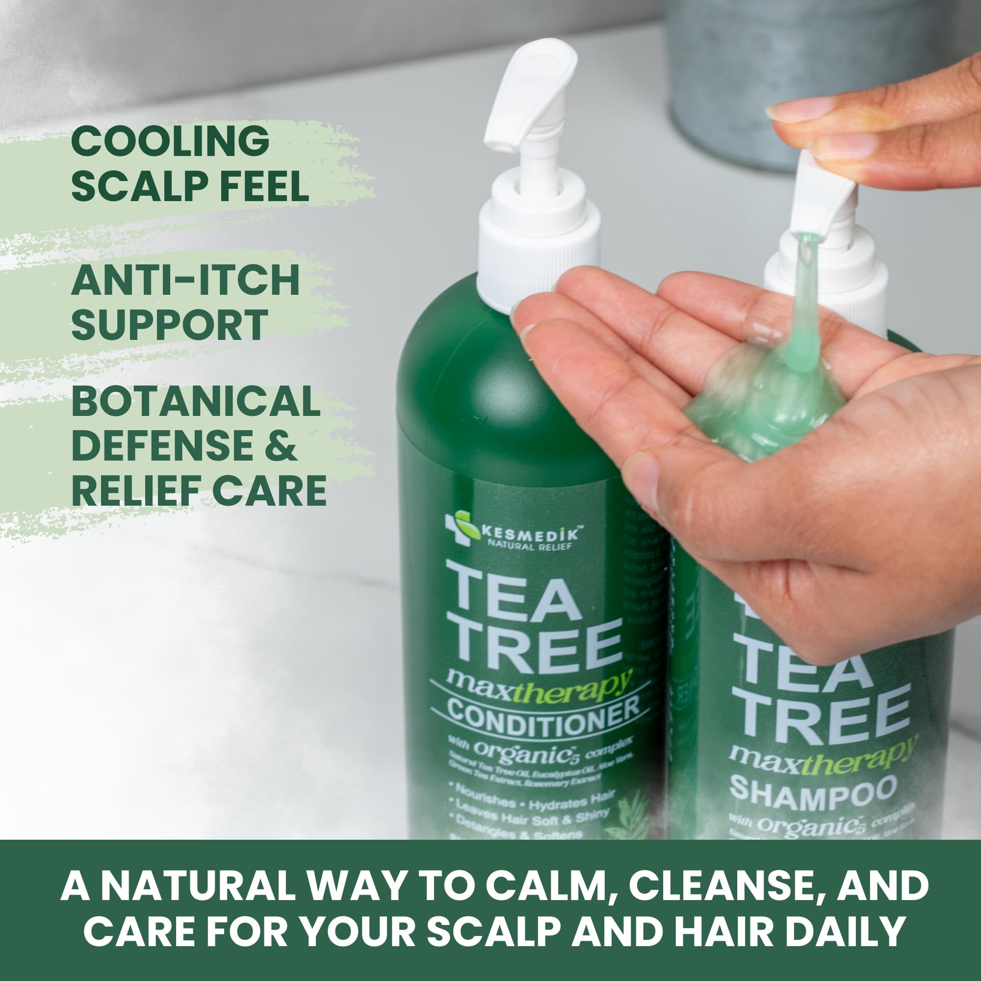 KESMEDIK Tea Tree Oil Shampoo label close-up emphasizing natural ingredients.