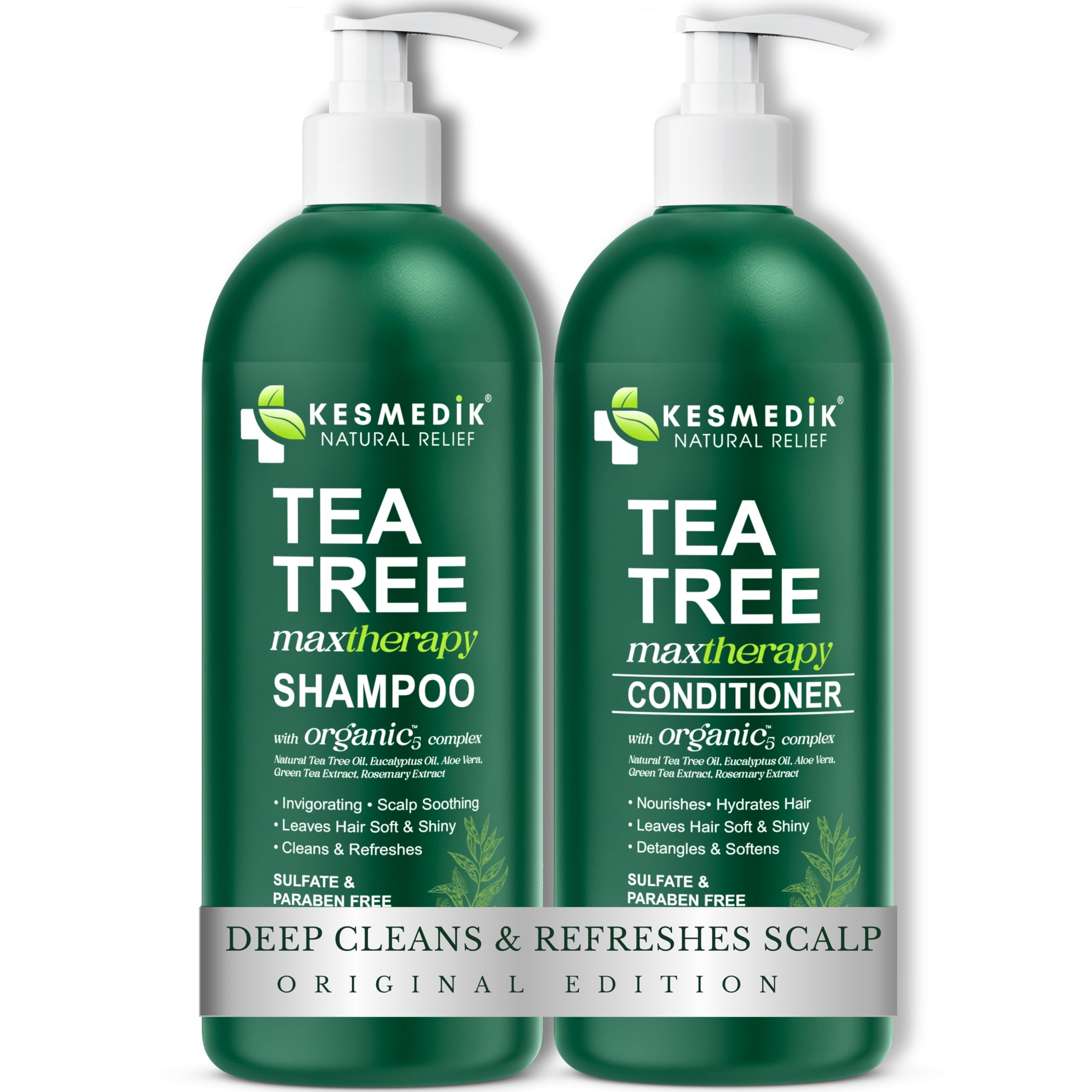 KESMEDIK Tea Tree Oil Shampoo bottle showing a refreshing cleanse for oily hair.
