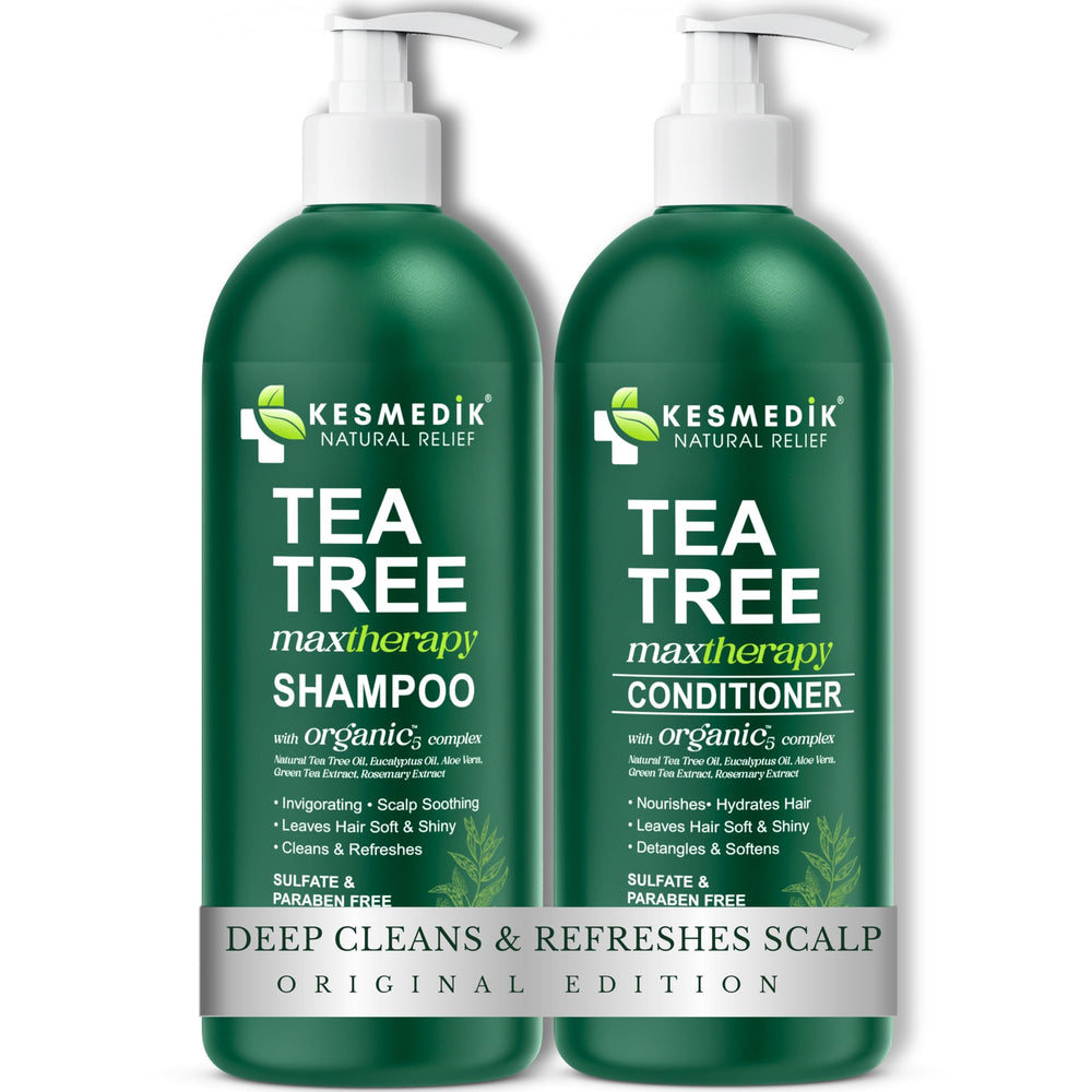 KESMEDIK Tea Tree Oil Shampoo bottle showing a refreshing cleanse for oily hair.