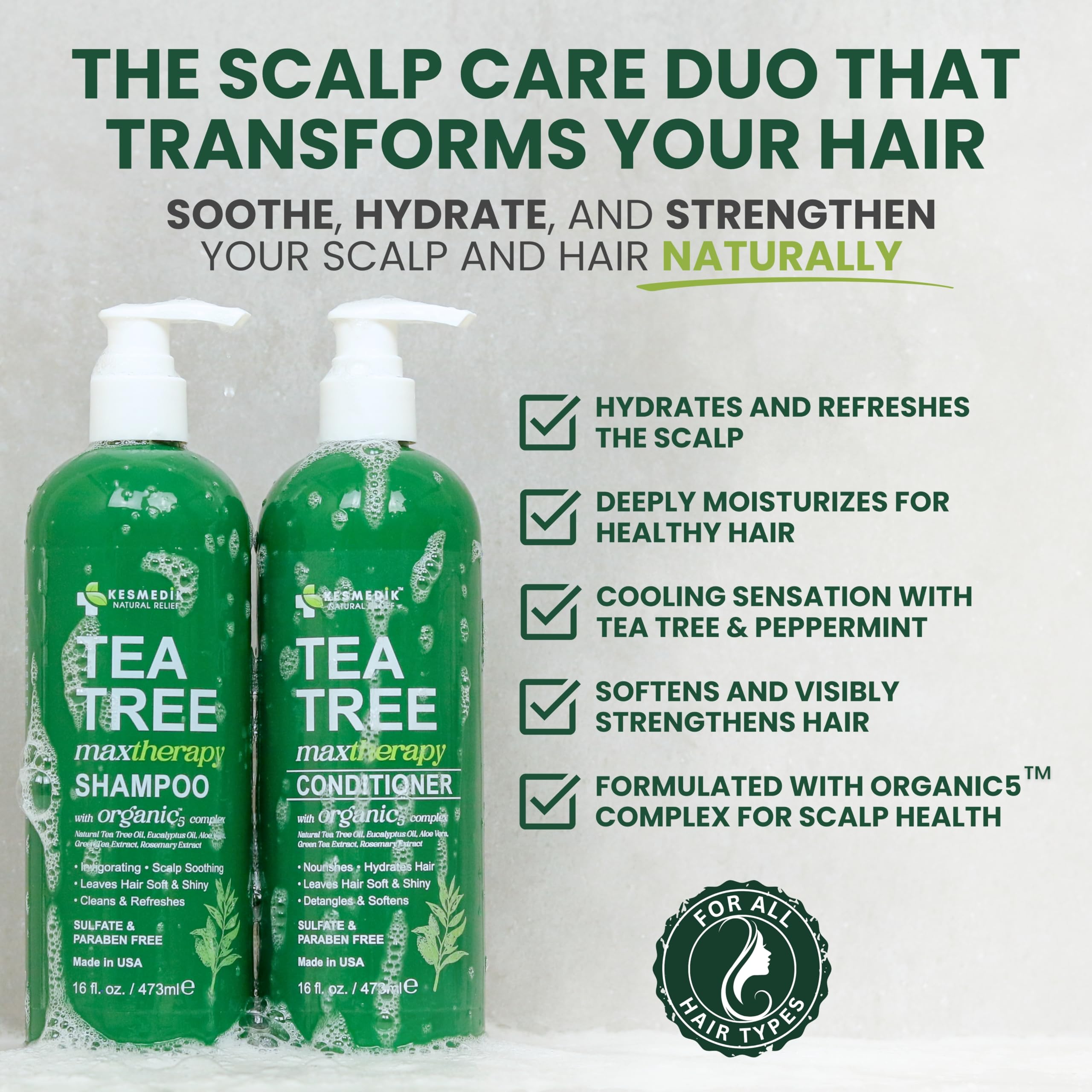 KESMEDIK Tea Tree Oil Shampoo pour ready to apply for scalp comfort and clarity.